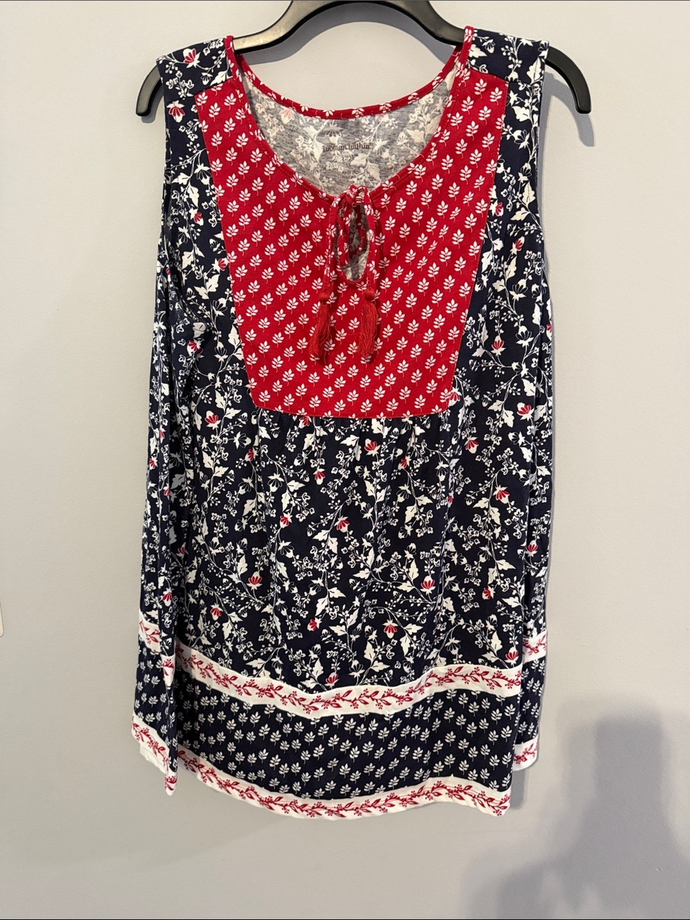 Woman Within Navy and Red Floral Sleeveless Tunic